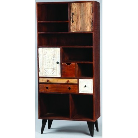 Meuble bibliothèque à casiers, tiroirs, et portes en bois et pieds métal