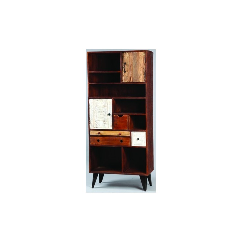 Meuble bibliothèque à casiers, tiroirs, et portes en bois et pieds métal