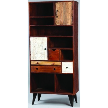 Meuble bibliothèque à casiers, tiroirs, et portes en bois et pieds métal